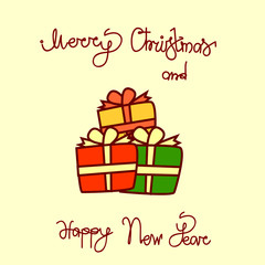 Merry Christmas And Happy New Year Greeting Card With Gift Boxes Hand Drawn Lettering Background Vector Illustration