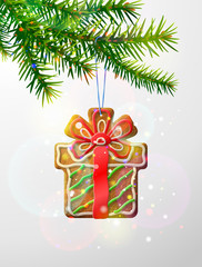 Christmas tree branch with decorative cookie. Gingerbread gift symbol hanging on pine twig. Best vector image for new years day, christmas, winter holiday, decoration, new years eve, design, etc