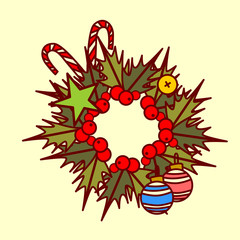Christmas Wreath Icon Garland Hand Drawn Holiday Decoration Concept Vector Illustration