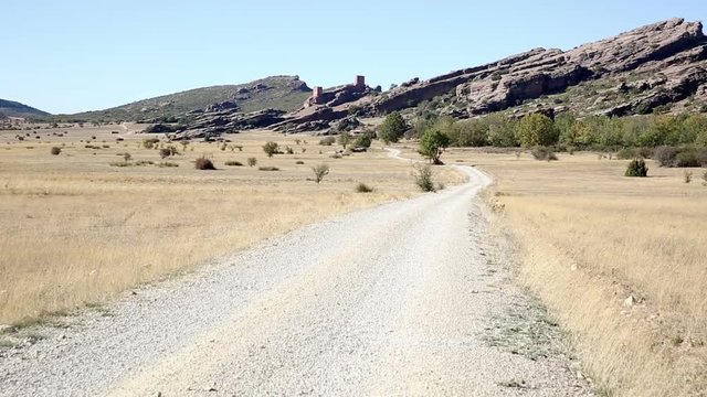 landscape with a country road and the Castle of Zafra in Campillo de Duenas, Province of Guadalajara, Spain