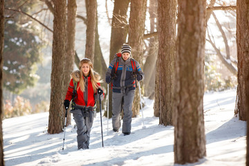 Male and female hiking in winter forest - obrazy, fototapety, plakaty