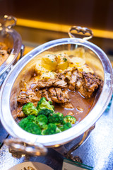 Roasted Chicken, Mash, Potato, Pepper Sauce, Thai Fusion on Buffet Tray