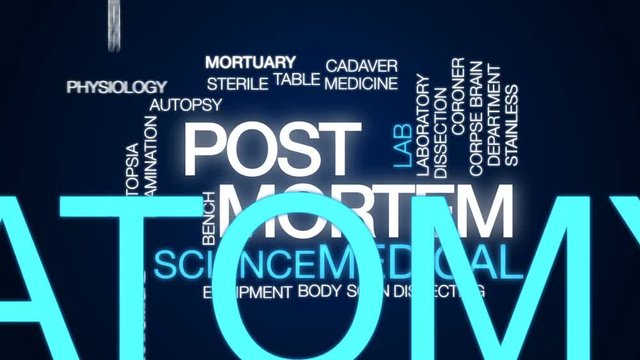 Post mortem animated word cloud, text design animation.