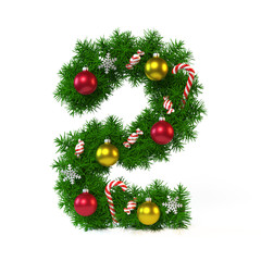 Christmas font isolated on white, number 2 3d rendering