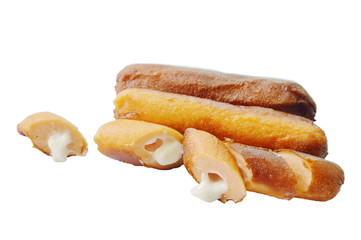 fried chicken sausage stuffed cheese slicing on white background