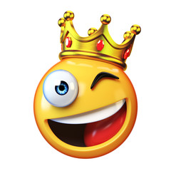 King emoji isolated on white background, emoticon wearing crown 3d rendering