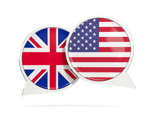 Chat bubbles of UK and USA isolated on white