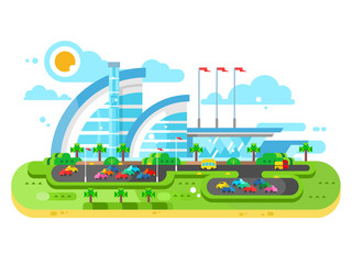 Shopping center mall building and parking