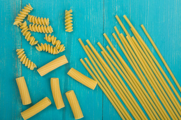 Selection of Raw Uncooked Italian Style Pasta Spaghetti Rigatoni and Fusilli