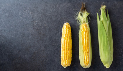 Fresh corn on cobs on table .
