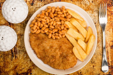 Breaded Chicken Fillet And Baked Beans With Chunky Chips