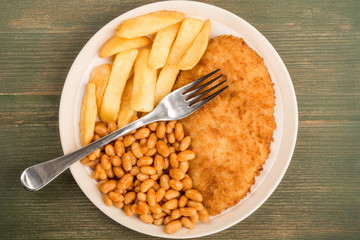 Breaded Chicken Fillet And Baked Beans With Chunky Chips