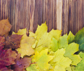 Autumn leaves over brown wooden background with copy space.