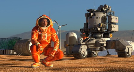 Mars colony. Expedition on alien planet. Life on Mars. 3d Illustration. © elenaed