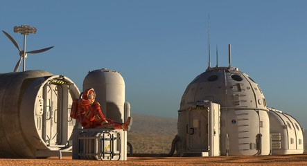 Mars colony. Expedition on alien planet. Life on Mars. 3d Illustration. © elenaed