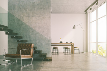 Modern living room, armchair and a table toned