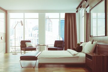 Light gray bedroom interior, poster, side, toned