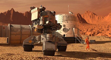 Mars colony. Expedition on alien planet. Life on Mars. 3d Illustration. © elenaed
