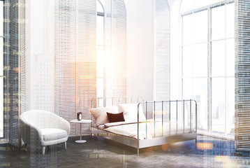 White luxury bedroom, armchair, gray floor, double