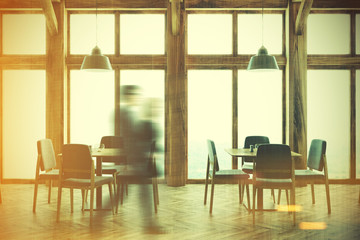 Wooden cafe interior, windows toned