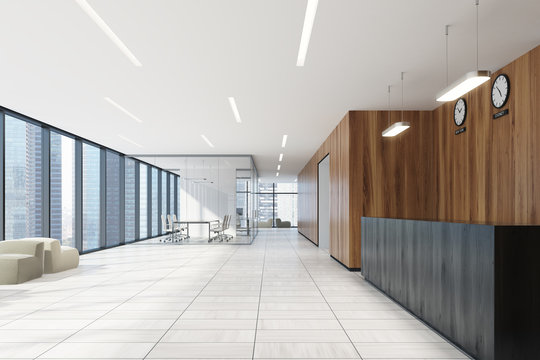 Glass and wooden office meeting room, reception