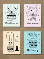 Vector Christmas Greeting Cards with Doodle Animals