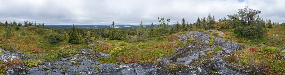 Mountains, forests, lakes panoramic view in autumn. Fall colors - ruska time in Iivaara. Oulanka national park in Finland. Lapland, Nordic countries in Europe