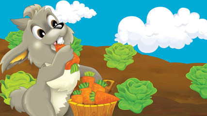 cartoon scene with happy rabbit jumping on the field full of vegetables  - illustration for children