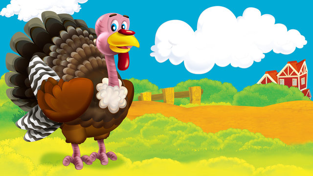 cartoon scene with turkey near the farm on the meadow illustration for children