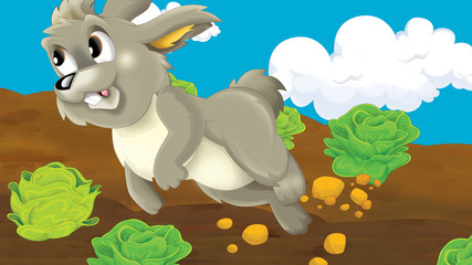 cartoon scene with happy rabbit jumping on the field full of vegetables  - illustration for children