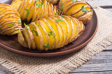 Freshly baked hasselback potatoes