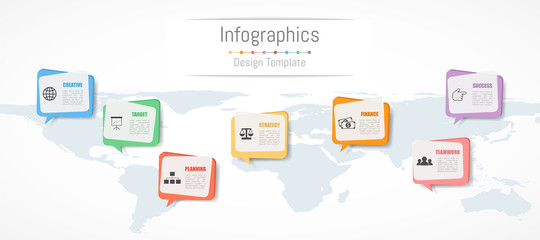 Fototapeta premium Infographic design for your business data with 7 options, parts, steps, timelines or processes. Communication network concept, Vector Illustration. World map of this image furnished by NASA
