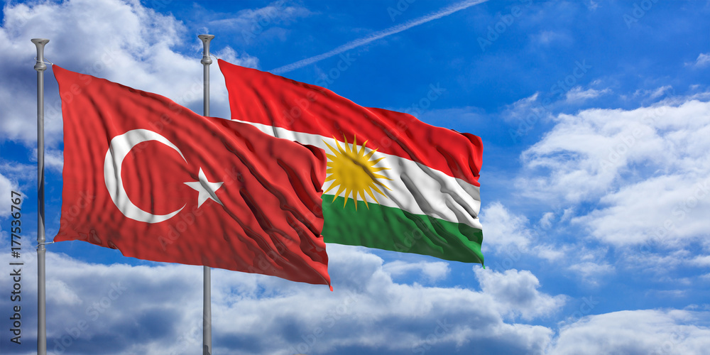 Sticker Turkey and Kurdistan flags wave under a blue sky with many white clouds. 3d illustration