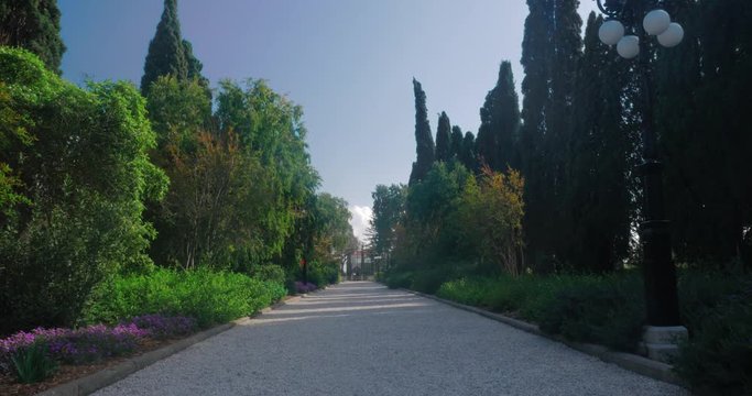 Gravel path among the green trees leading to the gates. Bahai gardens in Israel