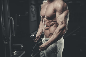 Fototapeta na wymiar Brutal Caucasian bodybuilder working out in gym