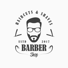 Barber Shop logo. Hairdressing salon template emblem with face man with beard and glasses, straight razor. Vector illustration.