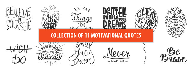 Set of motivational and inspirational vector hand drawn unique typography design element for greeting cards, decoration, prints and posters. Modern calligraphy. Handwritten lettering.