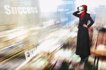 Creative ideas concept, successful young muslimah businesswomen wearing virtual reality headset  over abstract double exposure background