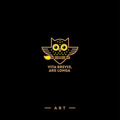 Art owl logo. Owl with brush emblem. Owl with a brush on a black background.