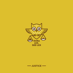 Justice logo. Owl emblem. Owl with libra in his paws on a yellow background.