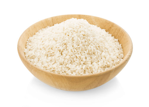 Japanese rice in a wooden on a white background