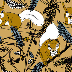 Seamless pattern with Squirrel in forest. Vector hand drawn style.