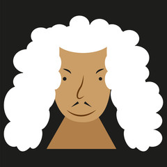 Picture of a flat icon of a man's face with curly hair. Caricature of a man's face