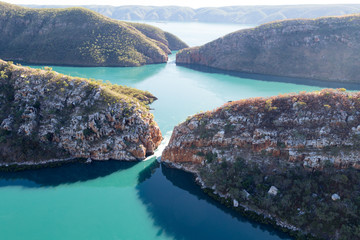 An aerial shot of the Horizontal falls in Talbot Bay, the Kimberley, Australia