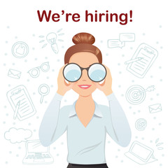 HR manager hires a Professional for the position. Manager looks through binoculars and try to find a candidate for the vacancy. Flat design, vector cartoon illustration.