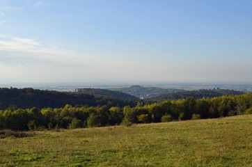 Fototapeta premium view from Langenhard Mountain towards Lahr and the Schutterlindenberg, Ortenau Baden Germany