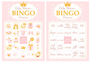 Pink and gold princess baby shower party. Bingo game. Printable template cards. Collection of baby girl vector elements. Cute royal design with crown.

