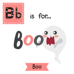 Cute children ABC alphabet B letter tracing flashcard of Boo for kids learning English vocabulary in Happy Halloween Day theme. Vector illustration.