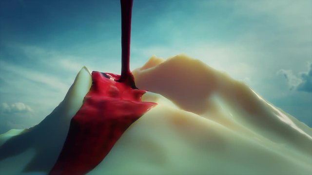 Cherry Mountain. Abstract / absurdist animation depicting a candy cherry syrup dripping over a creamy looking mountain. Suitable for a candy / confectionery themed video with a fun attitude. Copyspace