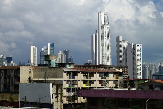 Poor neighborhood houses and skyscrapers on the background in Panama City, Panama